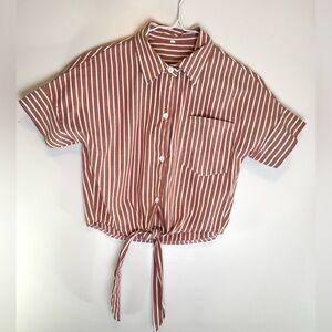Red Rust and White Striped Crop Top Blouse Button Up Women's Size Small S